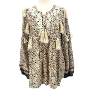 Miss June Paris Floral Tassel Peasant Bohemian Blouse One Size